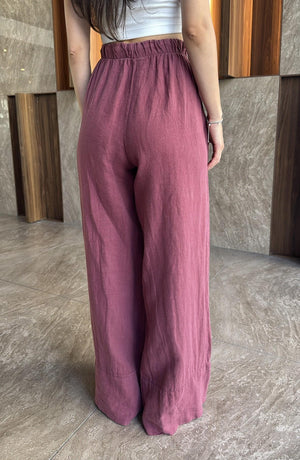 BORDO PAÇA DETAYLI KETEN PANTOLON