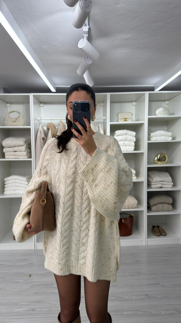 EKRU OVERSIZE SİMLİ KAZAK