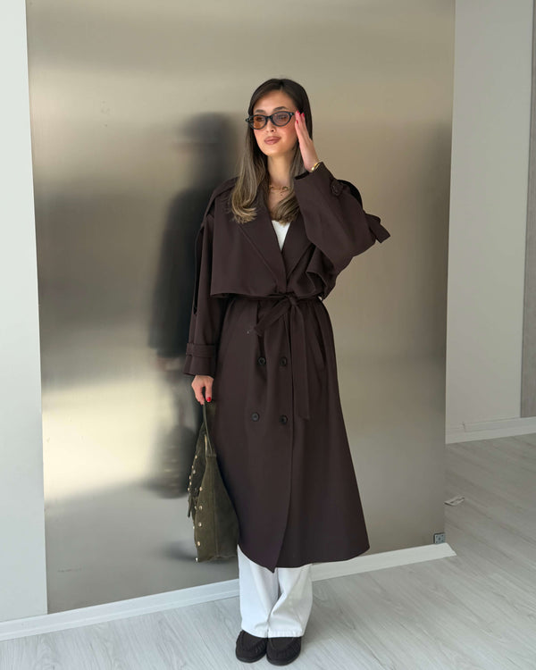 KAHVERENGİ OVERSIZE UZUN TRENÇKOT - 1142