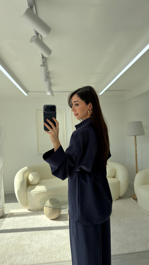 LACİVERT BEL DETAYLI GÖMLEK PANTOLON TAKIM