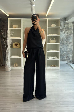 SİYAH SATEN BLUZ PANTOLON TAKIM