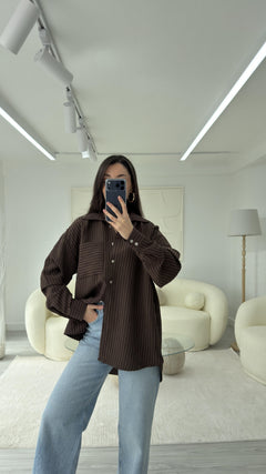 KAHVERENGİ NEXO OVERSIZE ÇİZGİLİ GÖMLEK