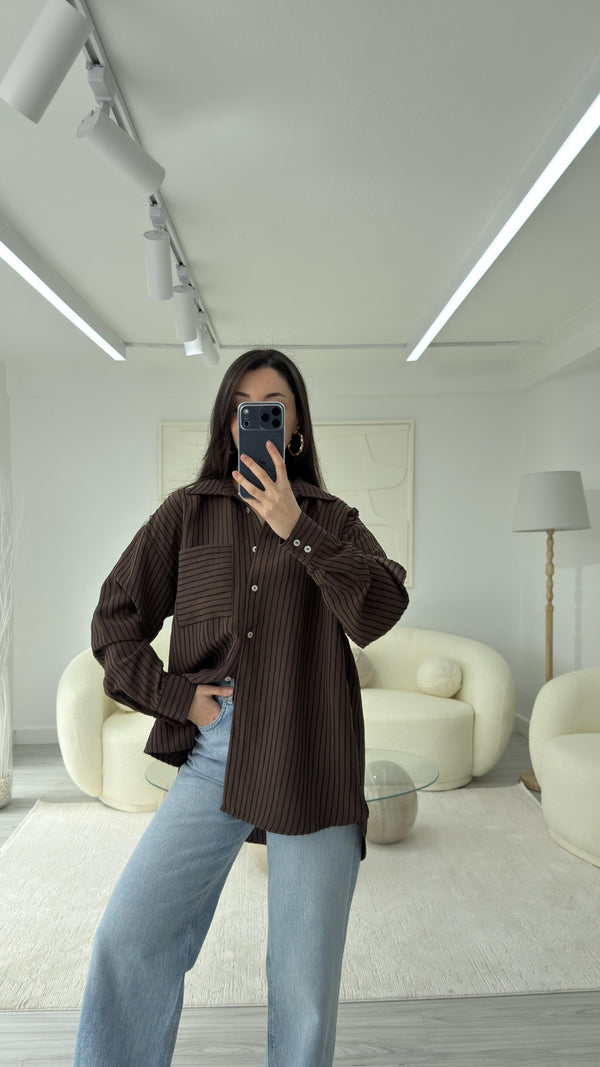 KAHVERENGİ NEXO OVERSIZE ÇİZGİLİ GÖMLEK