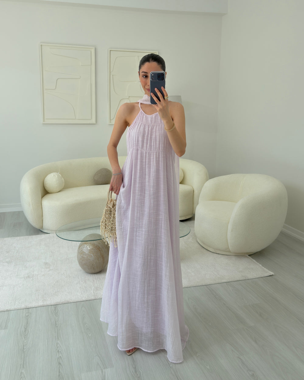 PEMBE ŞALLI ASKILI ELBİSE