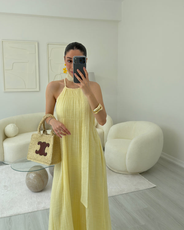 SARI ŞALLI ASKILI ELBİSE