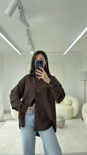 KAHVERENGİ NEXO OVERSIZE ÇİZGİLİ GÖMLEK