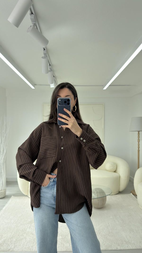 KAHVERENGİ NEXO OVERSIZE ÇİZGİLİ GÖMLEK