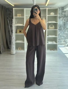 KAHVERENGİ TENSEL BLUZ PANTOLON TAKIM