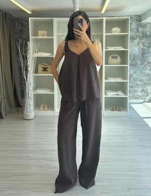 KAHVERENGİ TENSEL BLUZ PANTOLON TAKIM