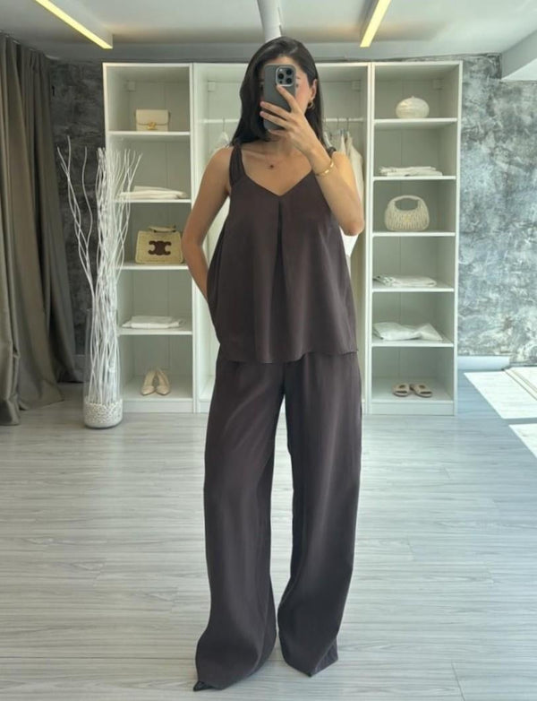 KAHVERENGİ TENSEL BLUZ PANTOLON TAKIM