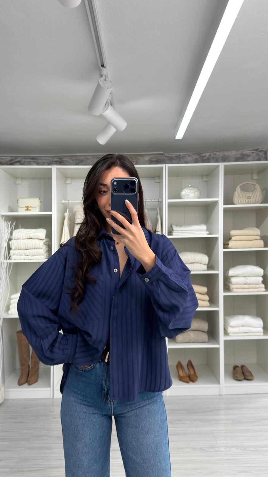 LACİVERT SOFİA ÇİZGİLİ OVERSİZE GÖMLEK