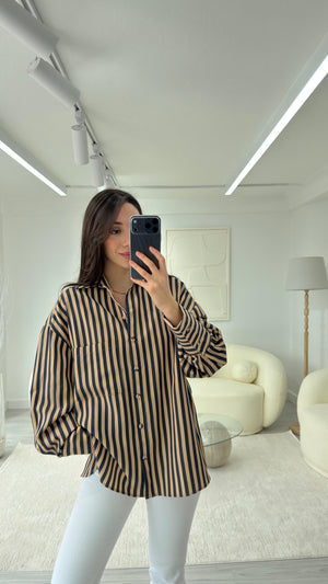 CAMEL LACİVERT ÇİZGİLİ GÖMLEK