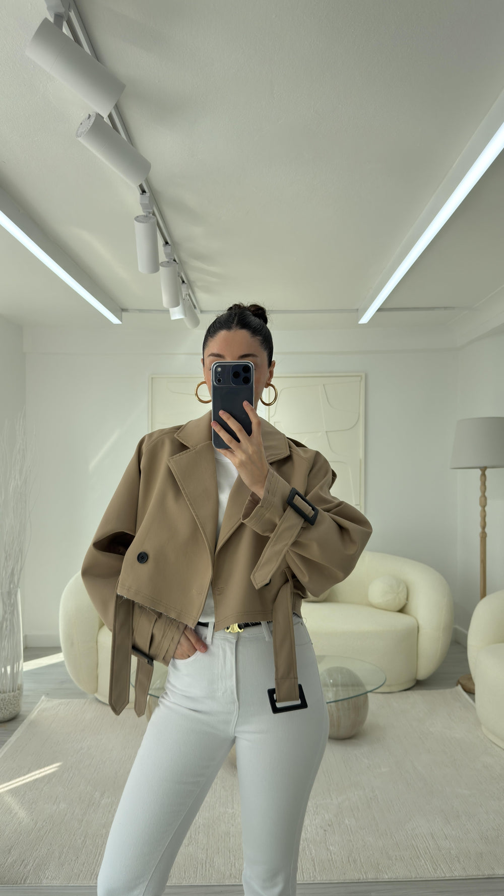 CAMEL KUŞAKLI CROP TRENÇKOT