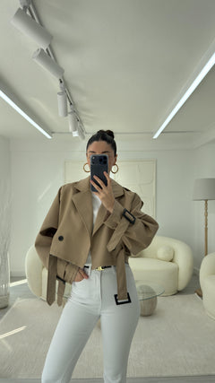 CAMEL KUŞAKLI CROP TRENÇKOT