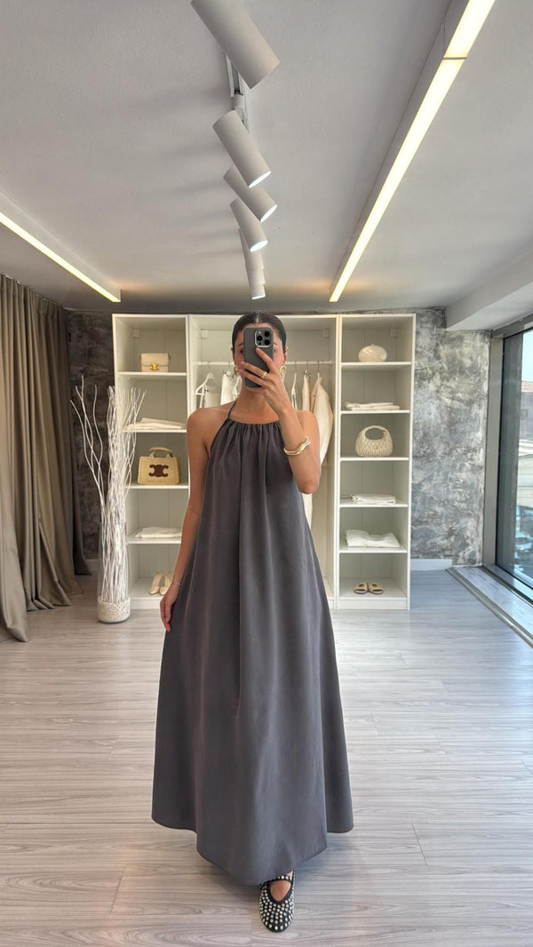 ANTRASİT HALTER YAKA TENSEL ELBİSE
