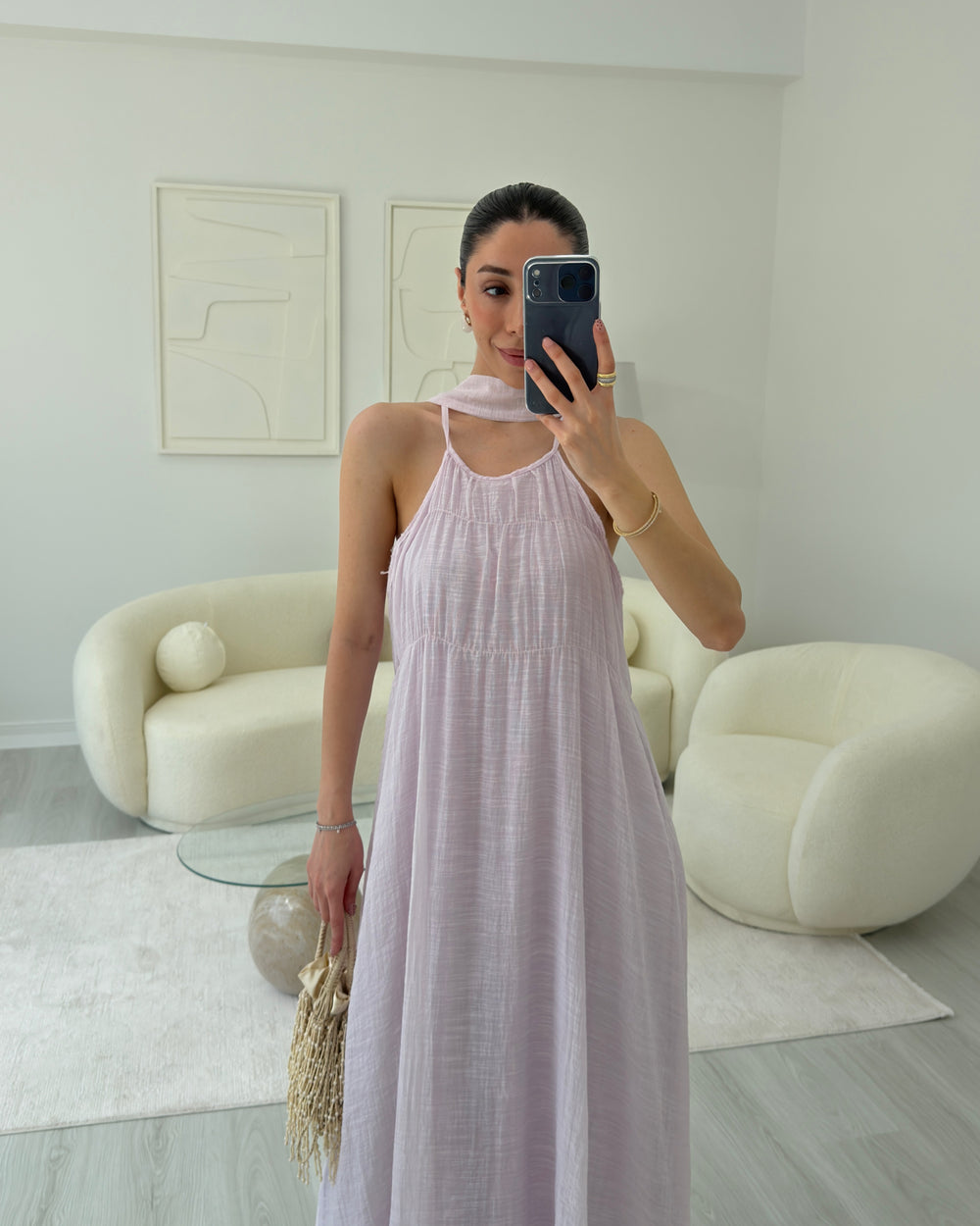 PEMBE ŞALLI ASKILI ELBİSE