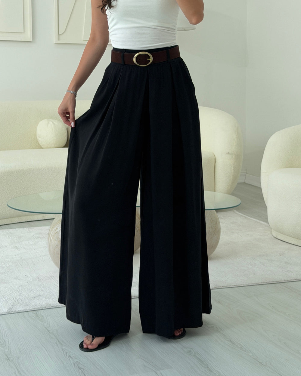 SİYAH KEMERLİ ETEK PANTOLON