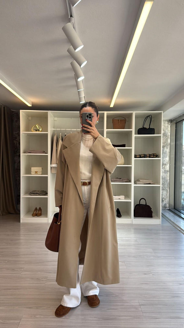 CAMEL KUŞAKLI UZUN TRENÇKOT
