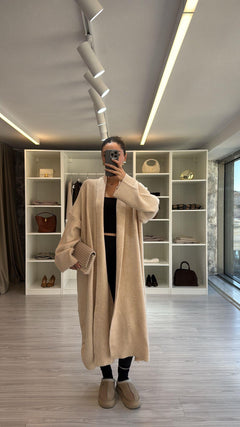 KREM MAXİ BOY OVERSIZE HIRKA