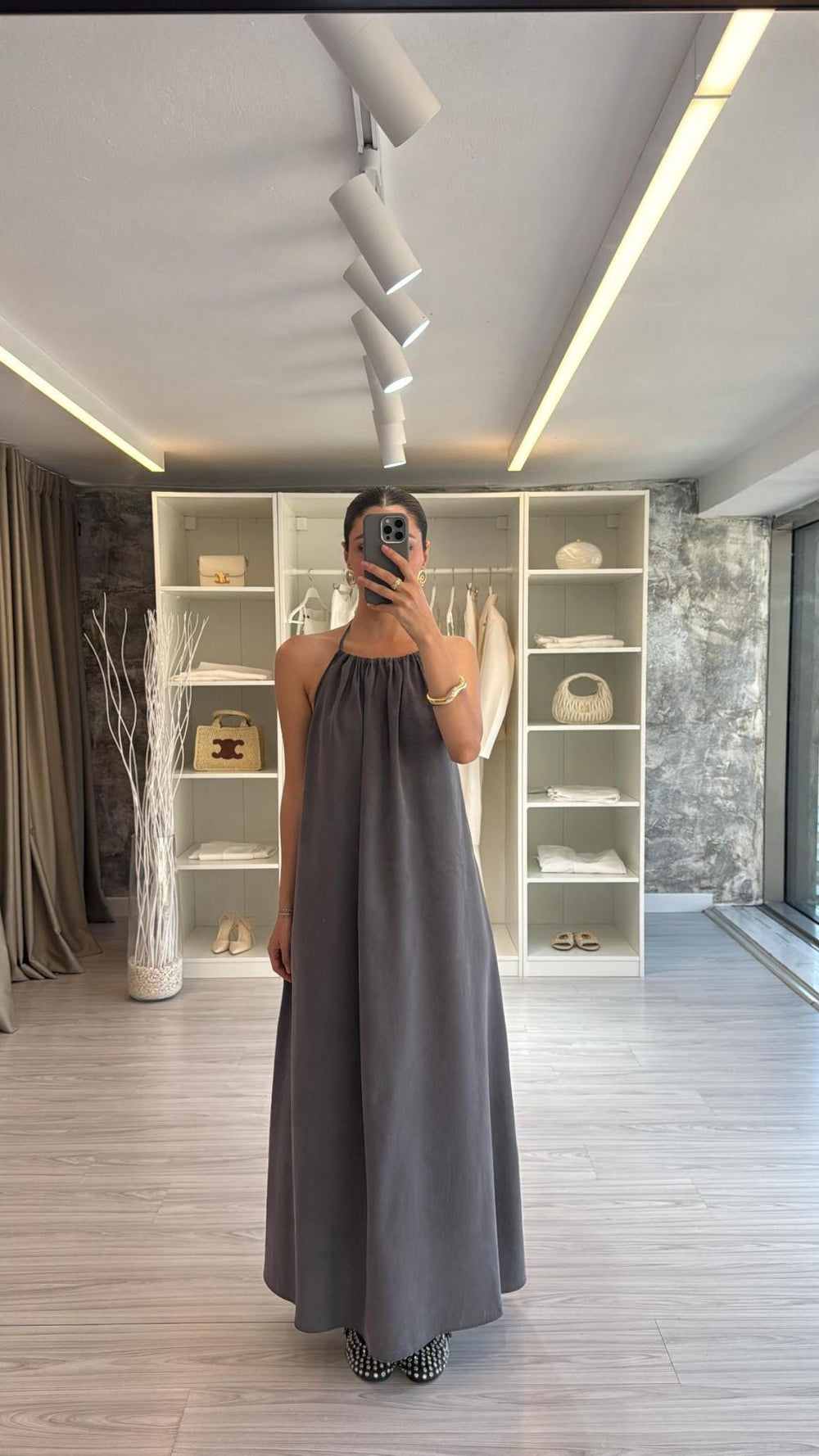 ANTRASİT HALTER YAKA TENSEL ELBİSE