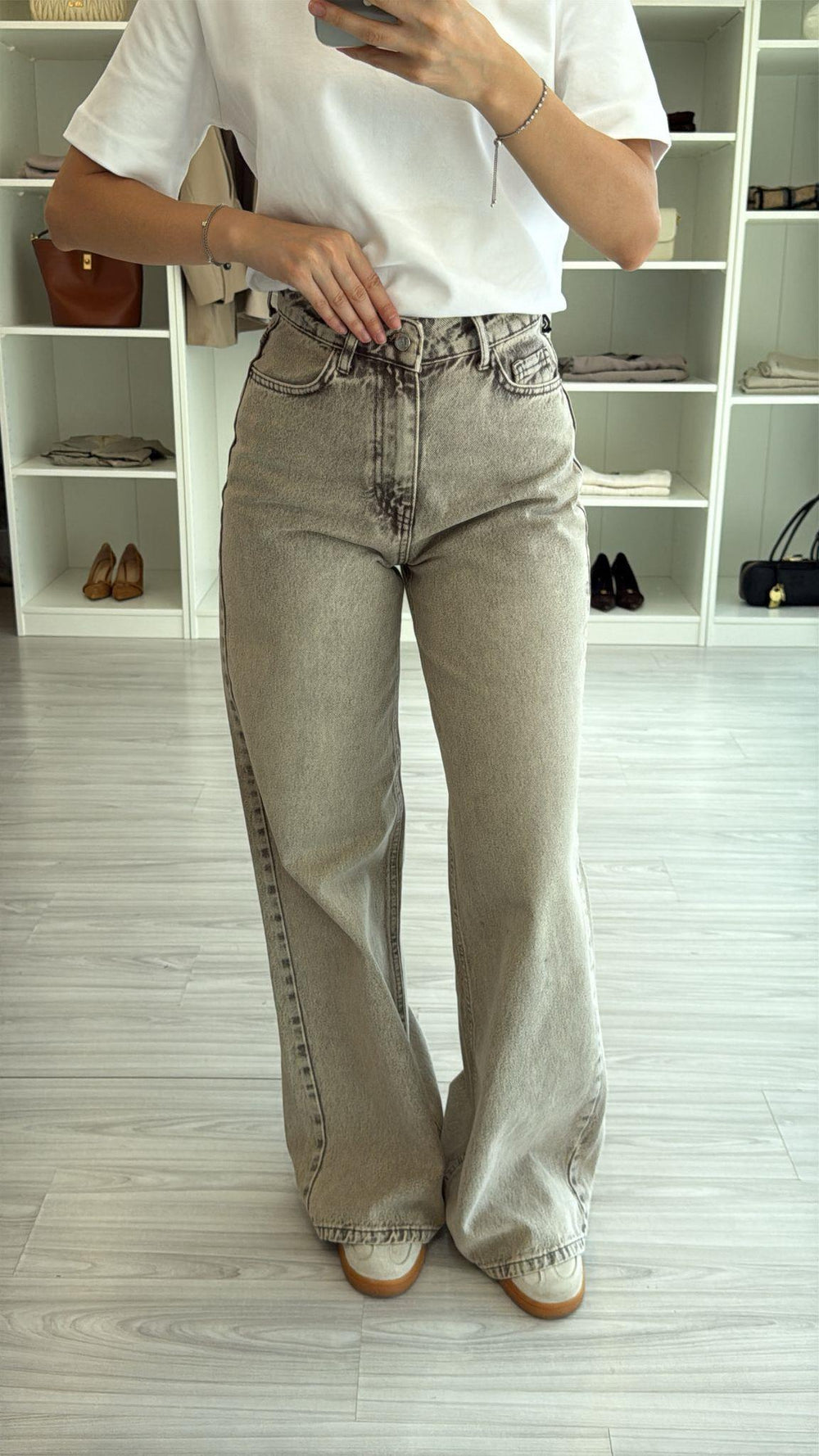 KAHVE GRİ KEMERLİ WIDE LEG JEAN