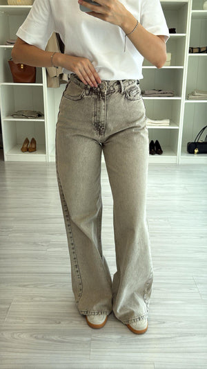 KAHVE GRİ KEMERLİ WIDE LEG JEAN