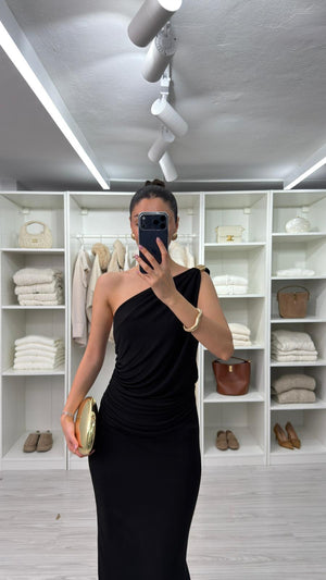 SİYAH DRAPELİ TEK OMUZ ELBİSE