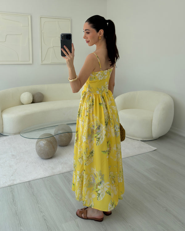 SARI ÇİÇEK DEDENLİ KORSE ELBİSE