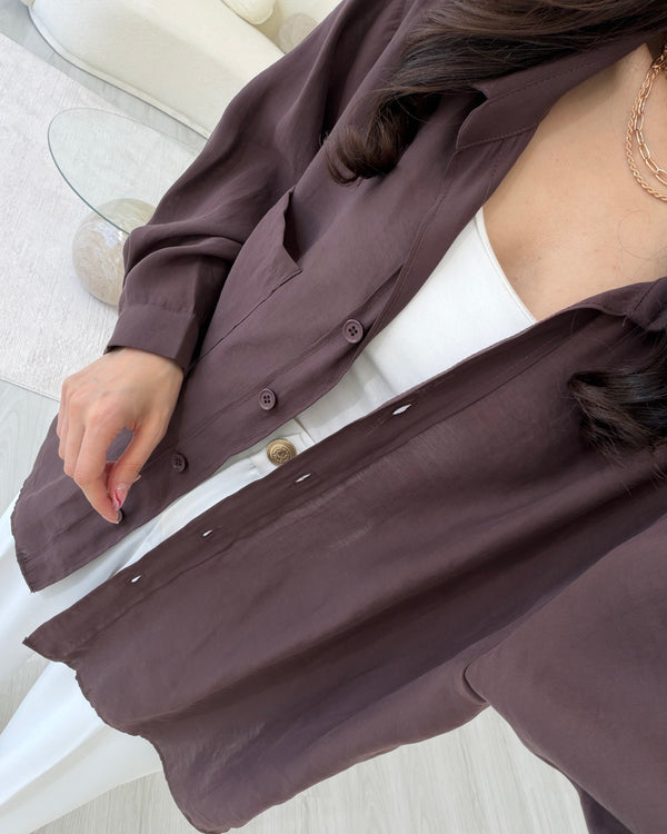 VİNTAGE KAHVERENGİ OVERSIZE TENSEL GÖMLEK