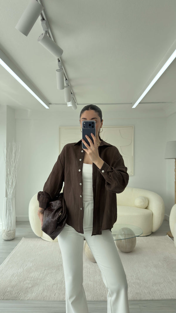 KAHVE ÇİZGİLİ TRANSPARAN GÖMLEK