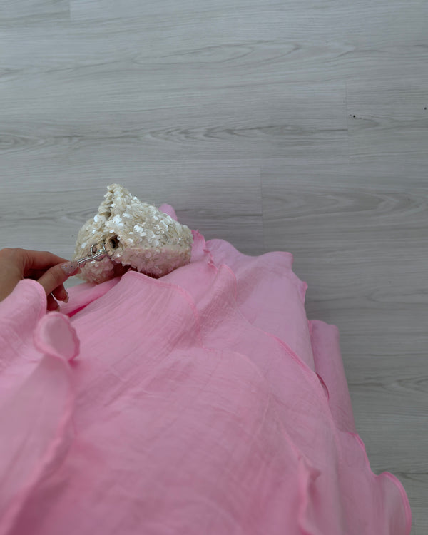 PEMBE FIRFIRLI MAXİ ELBİSE