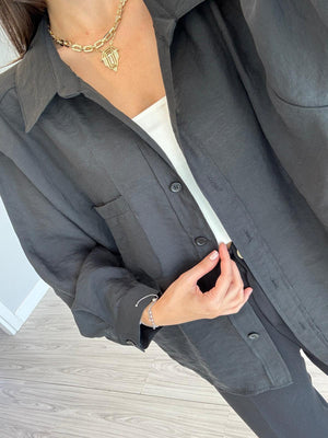 SİYAH OVERSIZE TENSEL GÖMLEK