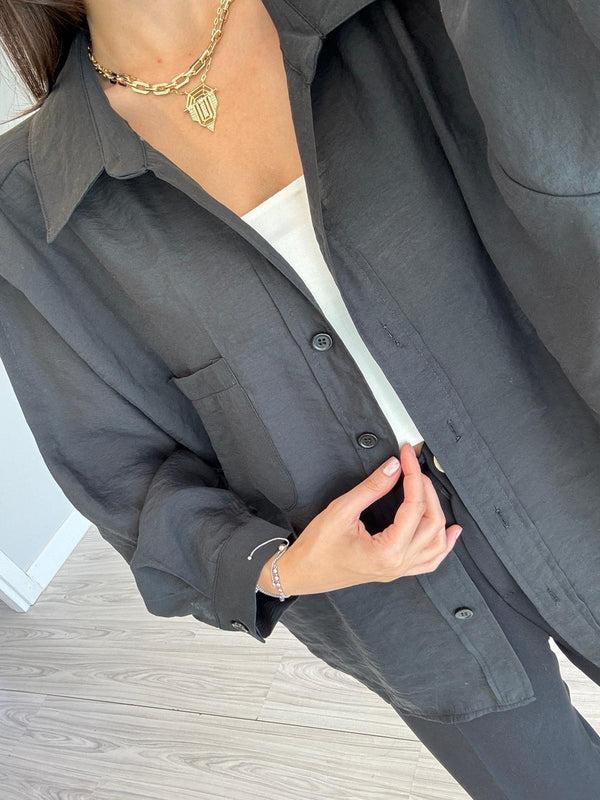 SİYAH OVERSIZE TENSEL GÖMLEK