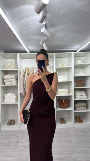 BORDO DRAPELİ TEK OMUZ ELBİSE