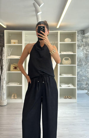 SİYAH SATEN BLUZ PANTOLON TAKIM