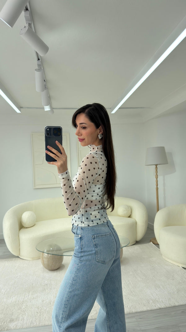 BEYAZ PUANTİYE DESEN TRANSPARAN BLUZ
