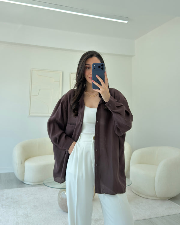 VİNTAGE KAHVERENGİ OVERSIZE TENSEL GÖMLEK