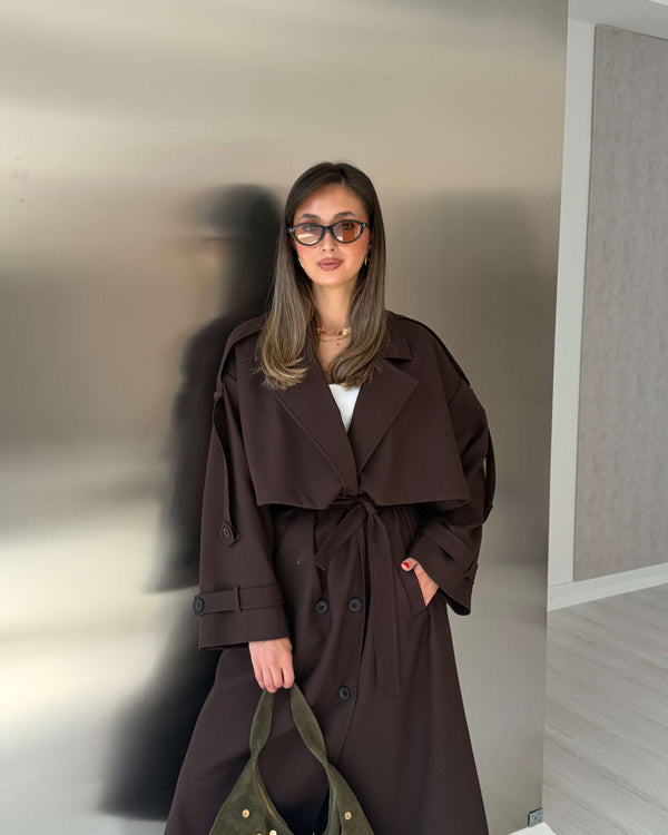 KAHVERENGİ OVERSIZE UZUN TRENÇKOT - 1142