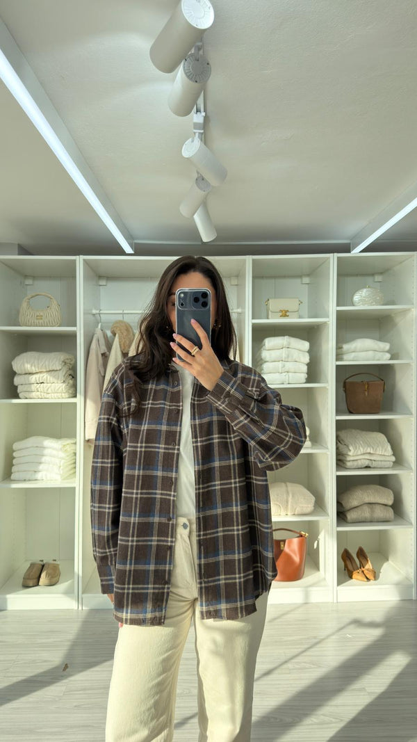 KAHVERENGİ OVERSIZE EKOSELİ ODUNCU GÖMLEK