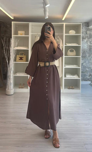 KAHVERENGİ KETEN KEMERLİ GÖMLEK ELBİSE