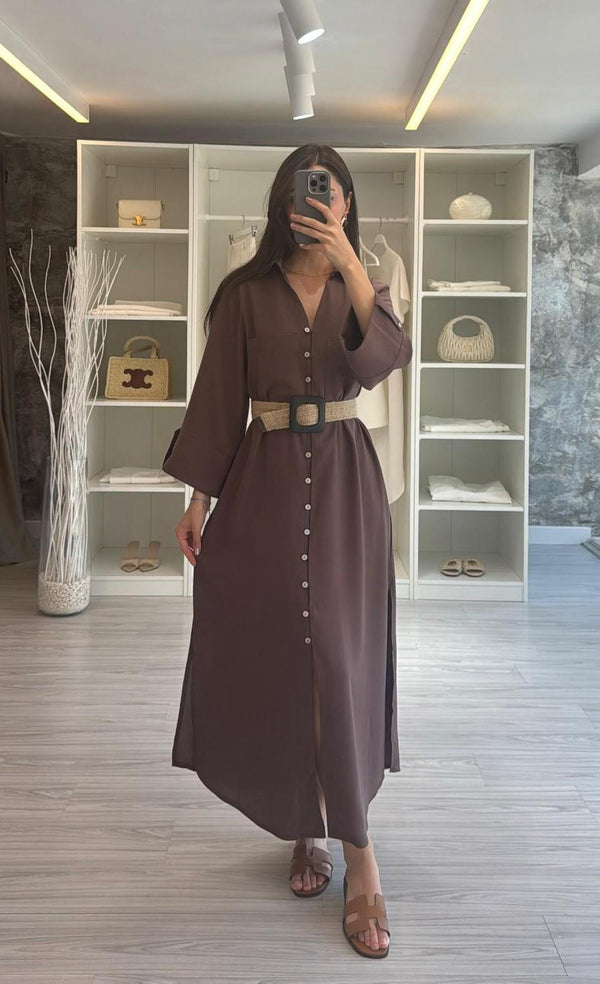 KAHVERENGİ KETEN KEMERLİ GÖMLEK ELBİSE