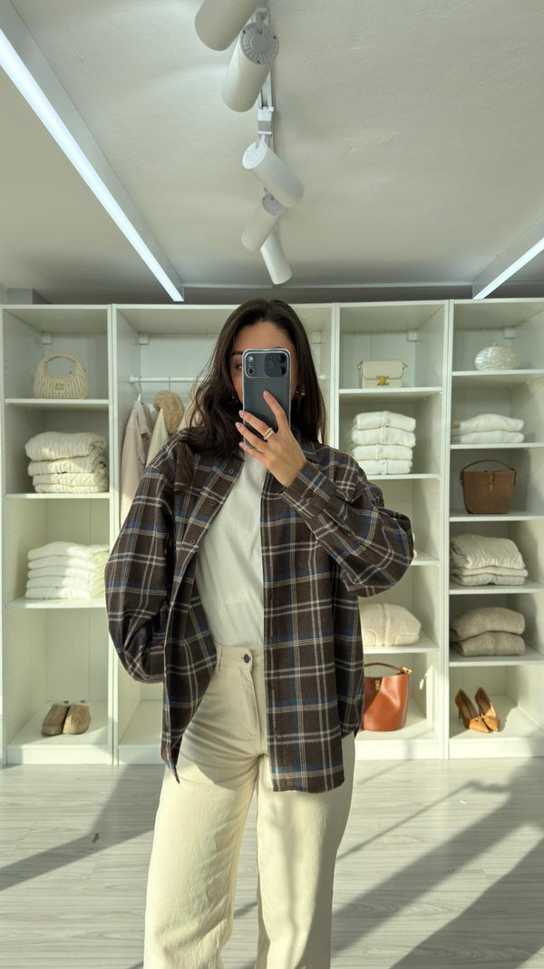 KAHVERENGİ OVERSIZE EKOSELİ ODUNCU GÖMLEK