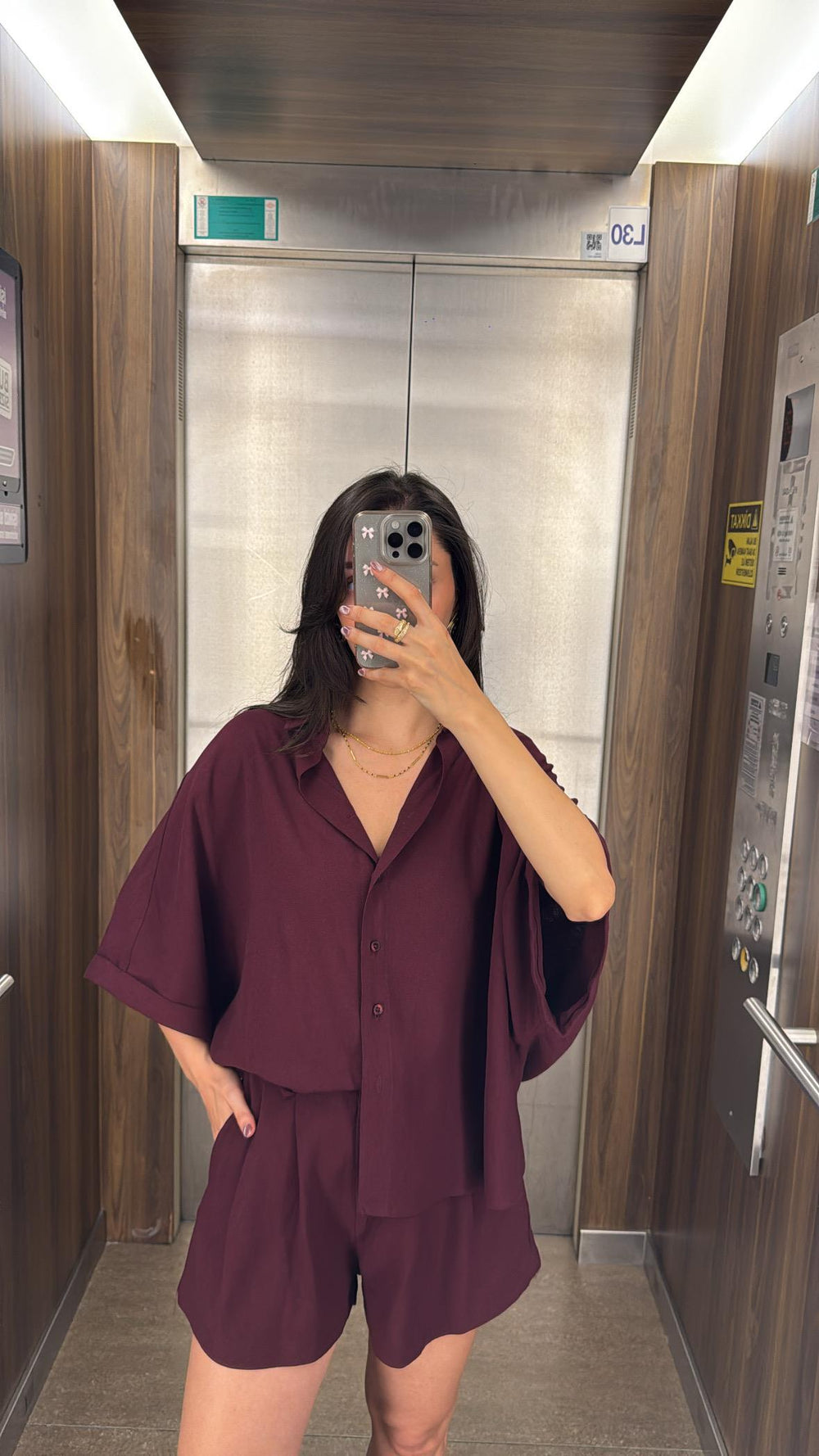 BORDO KEMERLİ KETEN ŞORT TAKIM
