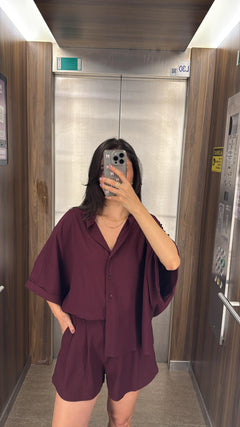 BORDO KEMERLİ KETEN ŞORT TAKIM