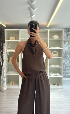 KAHVERENGİ SATEN BLUZ PANTOLON TAKIM
