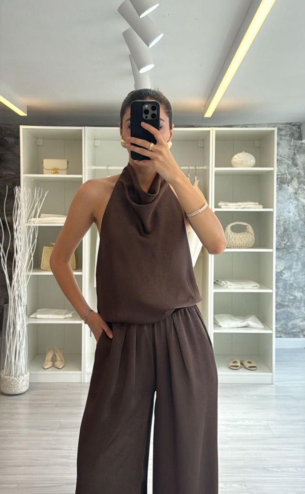 KAHVERENGİ SATEN BLUZ PANTOLON TAKIM