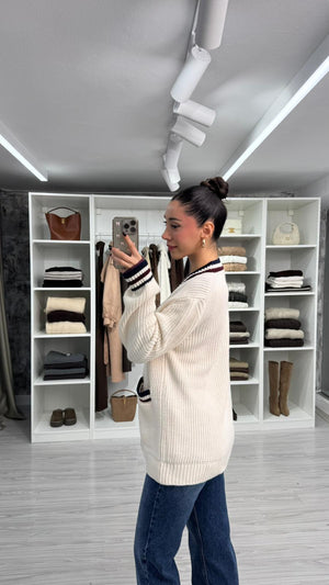KREM ŞERİT DETAYLI TRİKO HIRKA