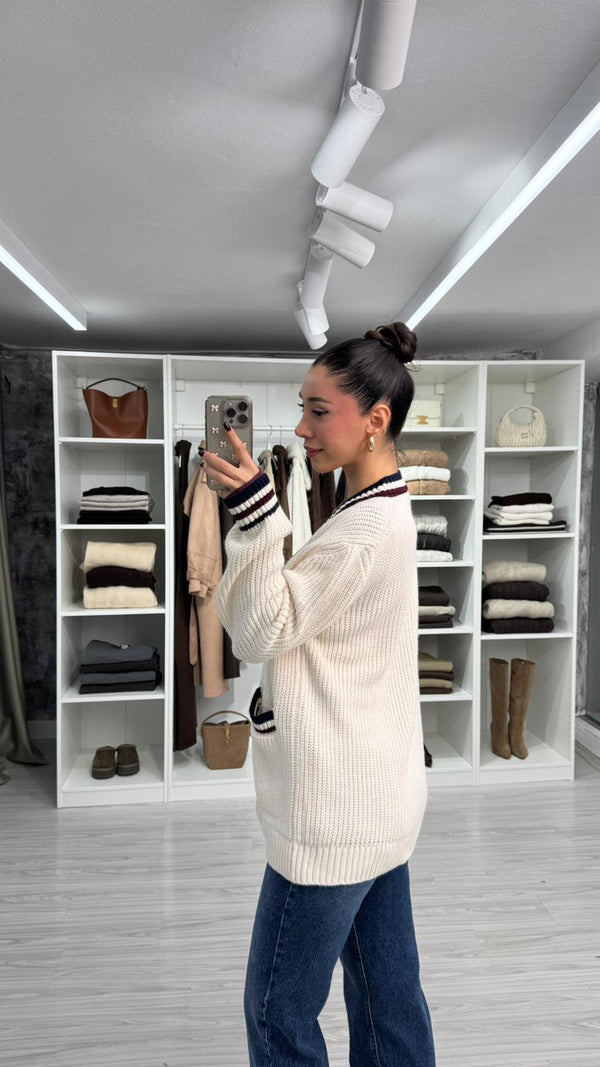 KREM ŞERİT DETAYLI TRİKO HIRKA