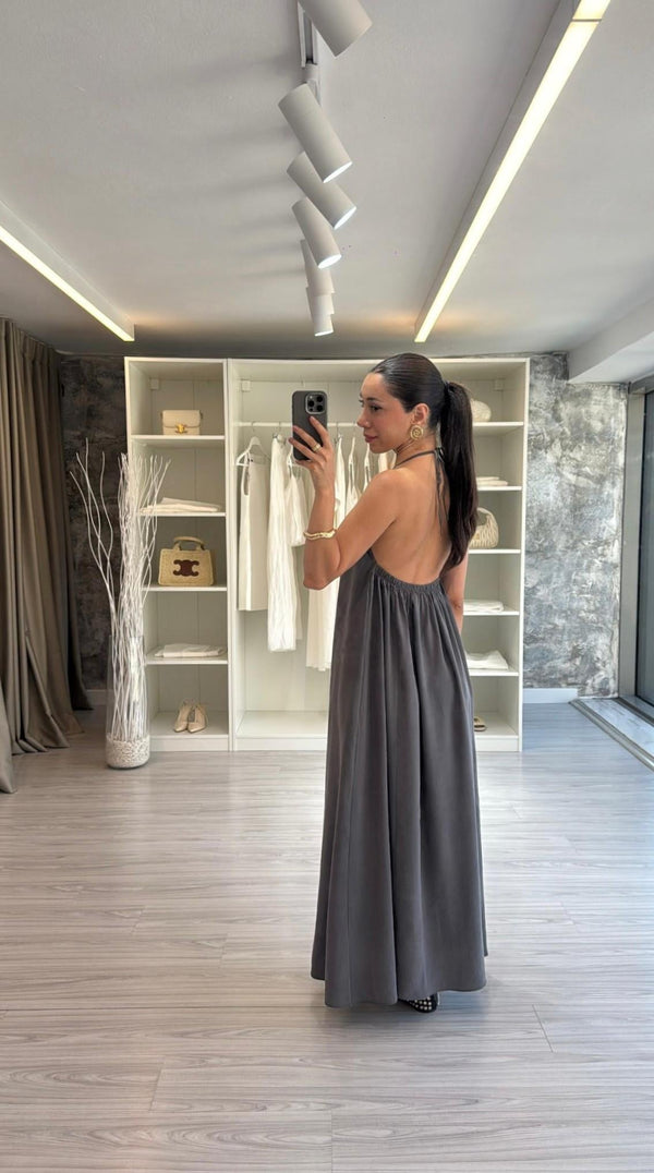 ANTRASİT HALTER YAKA TENSEL ELBİSE