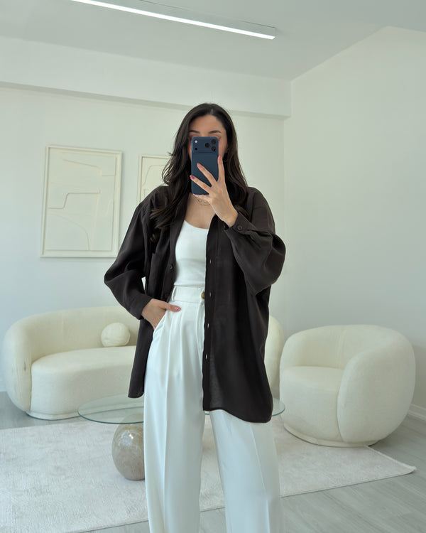 KAHVERENGİ OVERSIZE TENSEL GÖMLEK